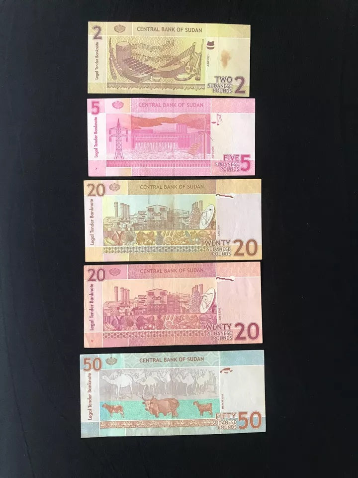 Sudan 2, 5, 20, 50 Pounds Banknotes 2006-2011 Circulated Bank Bills 5Pcs/Lot Set