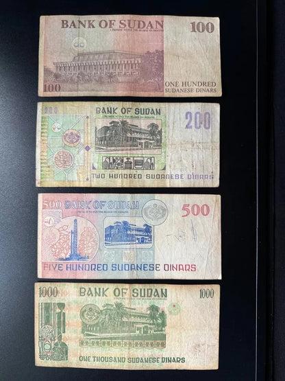 Sudan 100, 200, 500, 1000 Dinars Banknotes 1994-96-98 old Bank Bills 4 Pcs / Lot