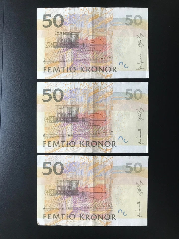 Sweden /Swedish 50 Kronor Banknotes 2008 S/N Consecutive Numbers AUNC-VF Bills p-64 3Pcs/ Lot