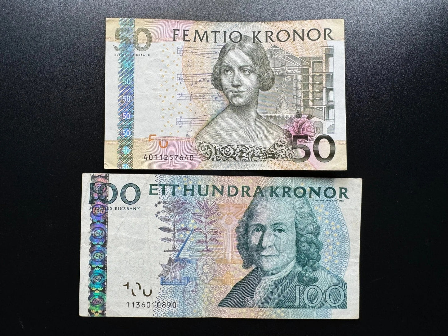 Sweden /Swedish 50, 100 Kronor Banknotes 2001-2004 Old Bank Bills 2pcs / Lot