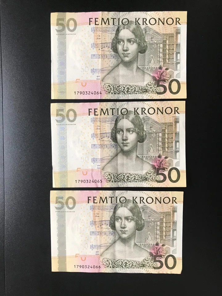 Sweden /Swedish 50 Kronor Banknotes 2008 S/N Consecutive Numbers AUNC-VF Bills p-64 3Pcs/ Lot