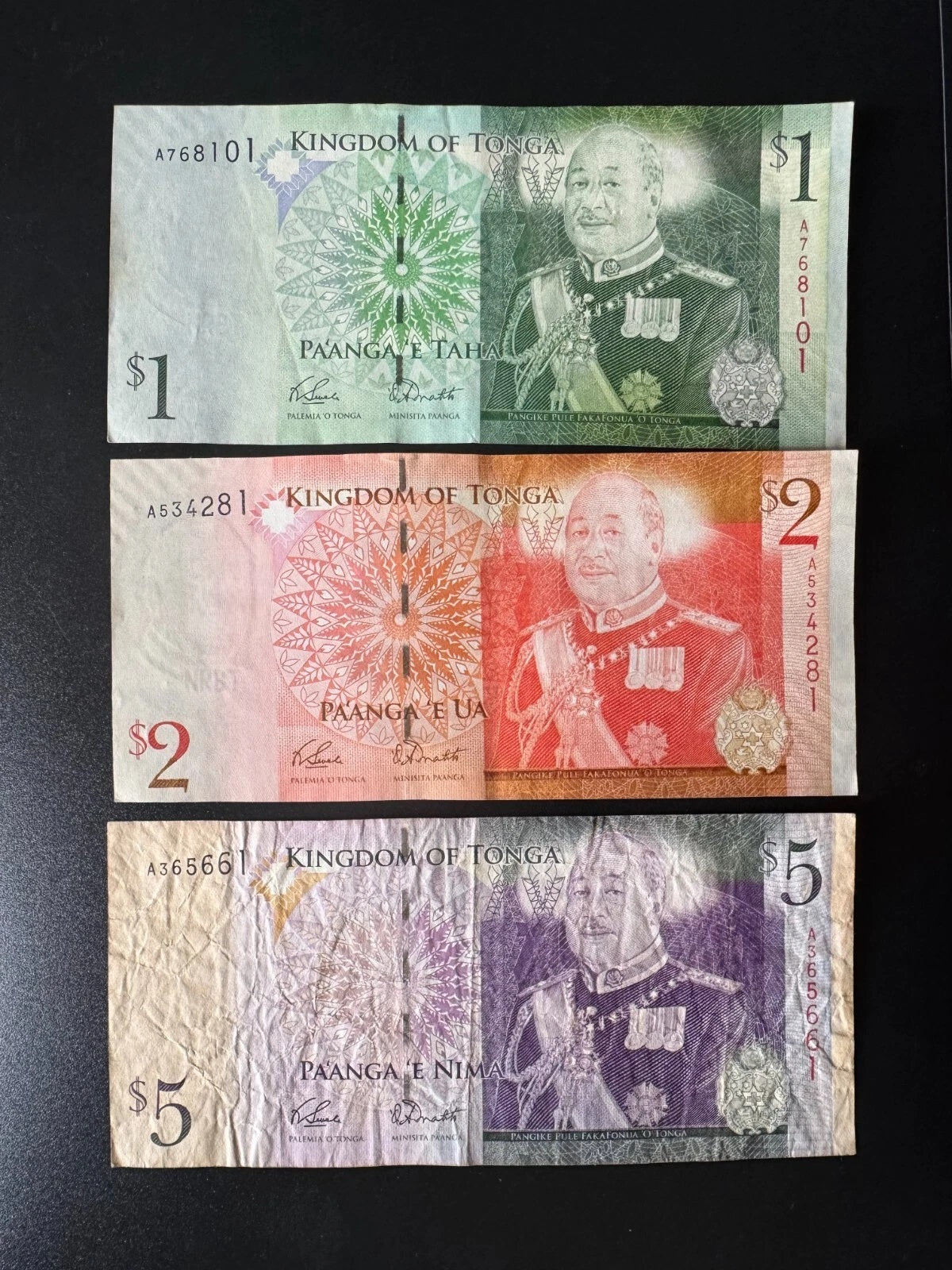 Tonga 1, 2, 5 Pa'anga Banknotes VF- Circulated King Siaosi Issue Bills 3 Pcs/Lot