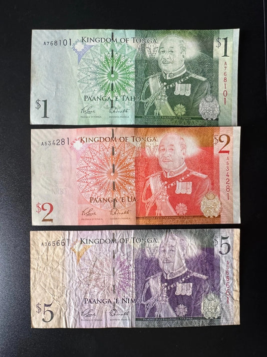 Tonga 1, 2, 5 Pa'anga Banknotes VF- Circulated King Siaosi Issue Bills 3 Pcs/Lot