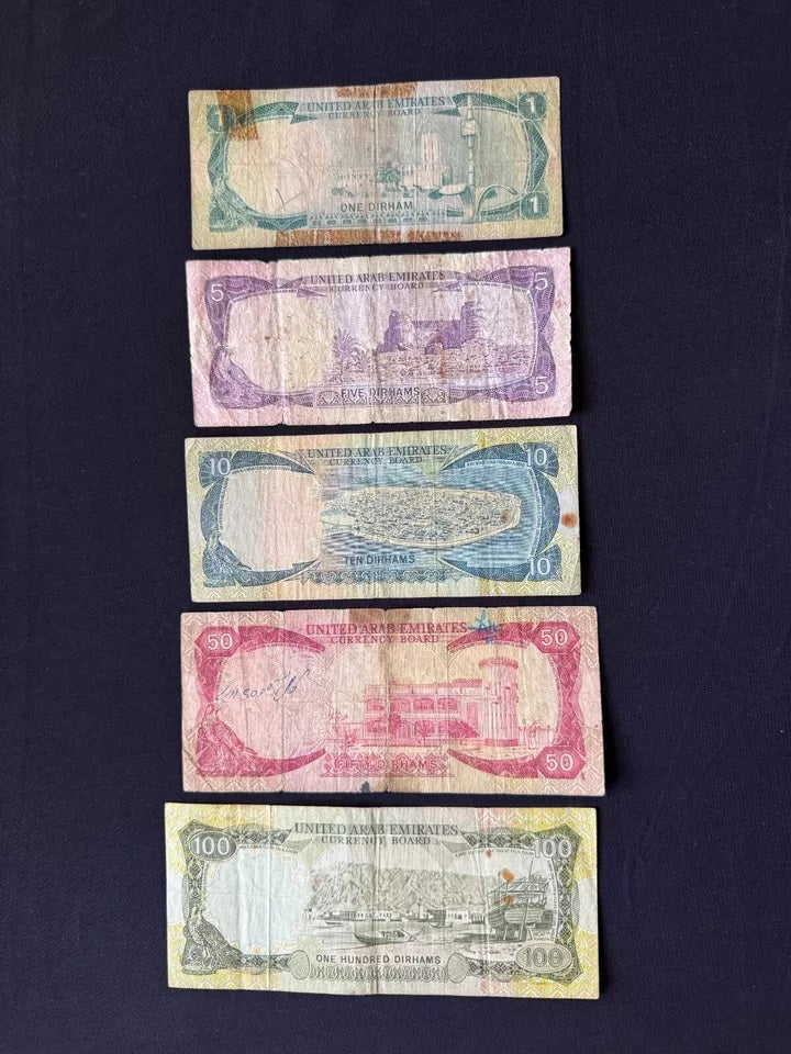 Dubai UAE 1, 5, 10, 50, 100 Dirhams Banknotes 1973 1st Issue Rare Bills 5pcs/Lot