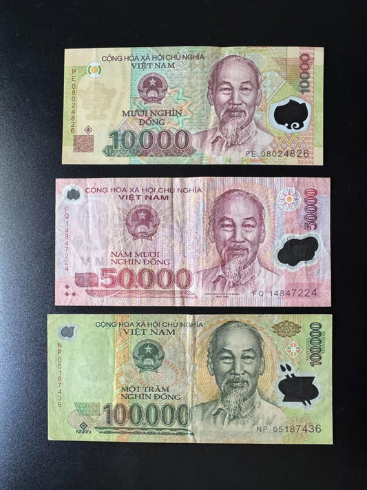 Vietnam 10000, 50000, 100000 Dong Banknotes Polymer Bank Bills 3Pcs/Lot