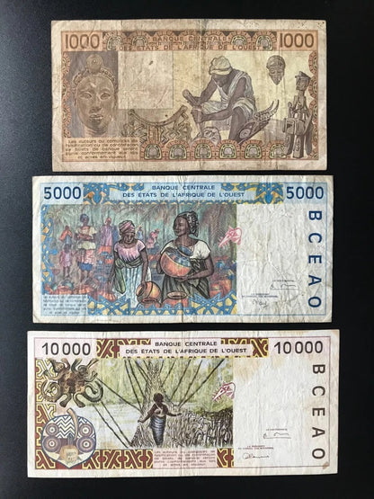 West Africa 1000, 5000, 10000 Banknotes 3/pcs Old Circulated Ivory Coast Bills