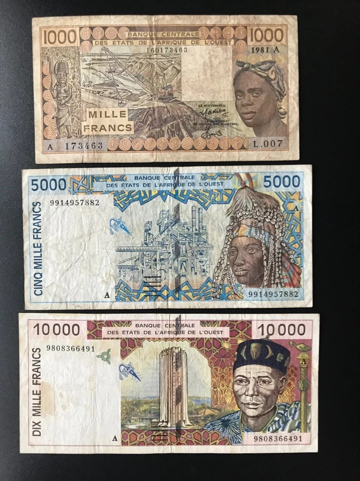 West Africa 1000, 5000, 10000 Banknotes 3/pcs Old Circulated Ivory Coast Bills