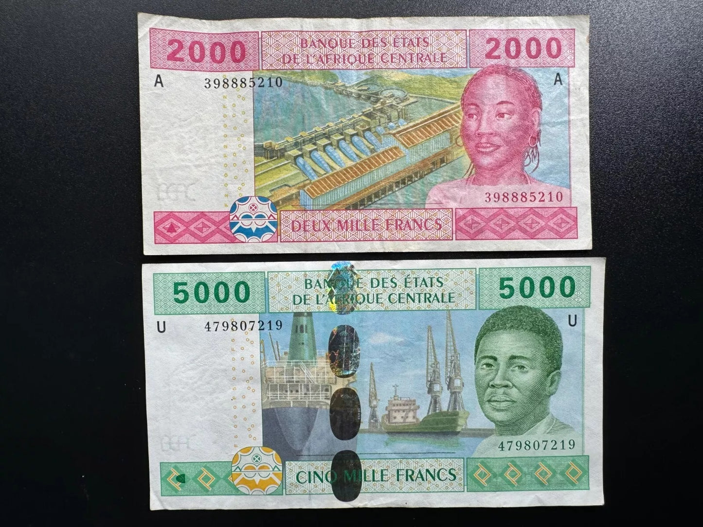 Central African 2000, 5000 Francs Banknotes Cameroon & Gabon Bills 2Pcs/Lot