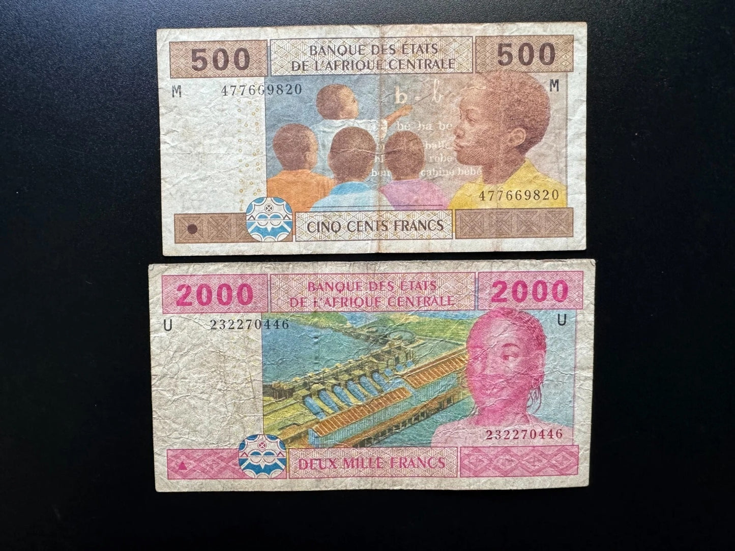 Central African 500, 2000 Francs Cameroon & Central Africa Banknotes 2Pcs/Lot