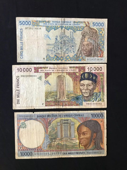 Central Africa & West Africa Countries Banknotes lot 3/pcs Old Circulated Bills