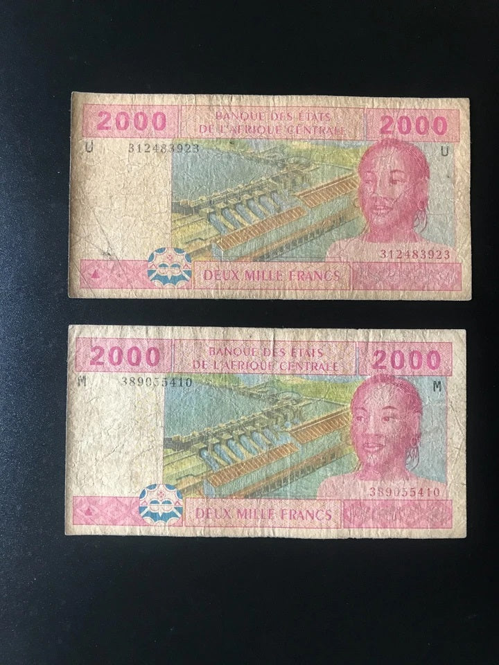 Central African 2000 Francs Banknotes Cameroon & Central Africa Bills 2Pcs/Lot