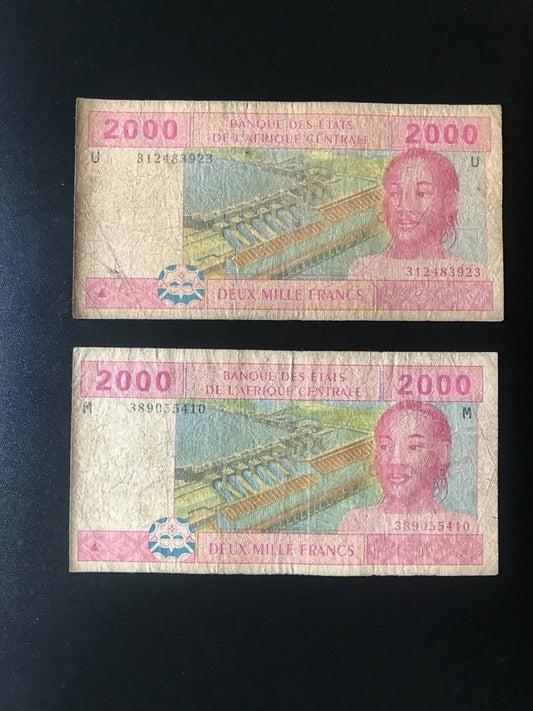 Central African 2000 Francs Banknotes Cameroon & Central Africa Bills 2Pcs/Lot